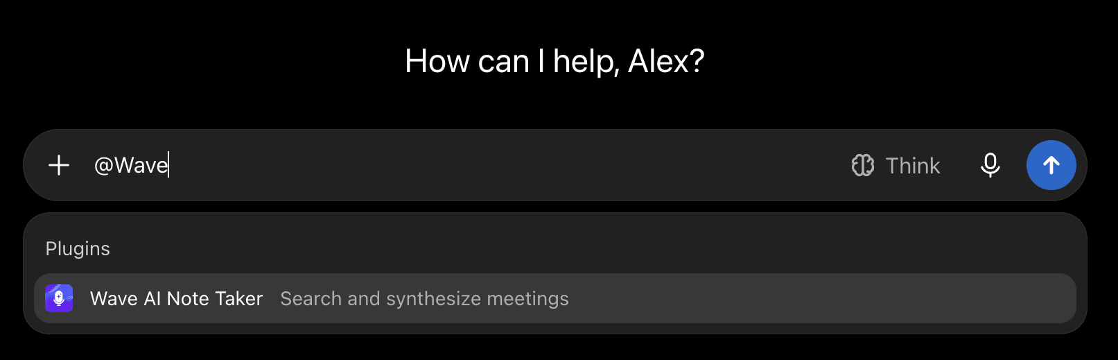 Typing @Wave in ChatGPT shows Wave AI Note Taker under Plugins