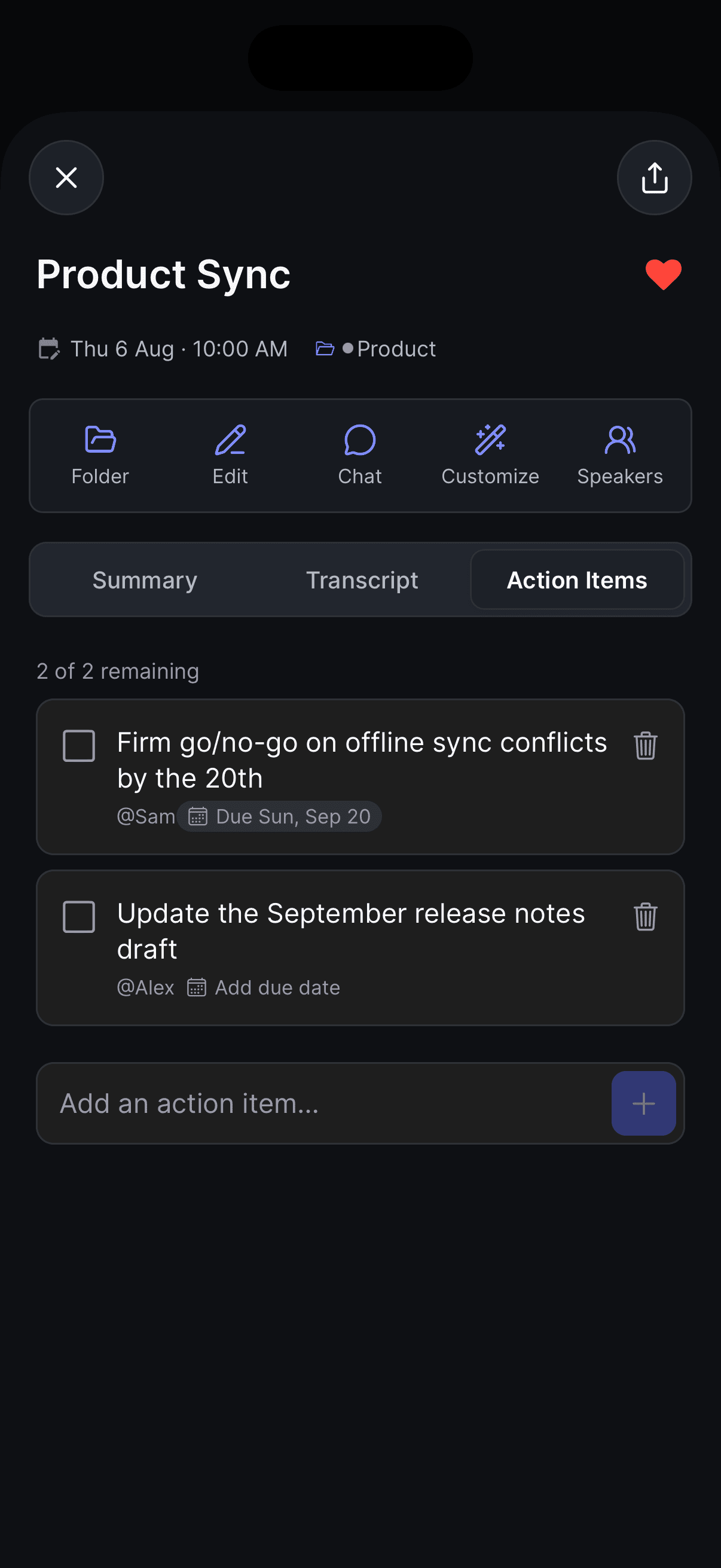 The Action Items tab on iPhone — remaining count, checkboxes, and assignees