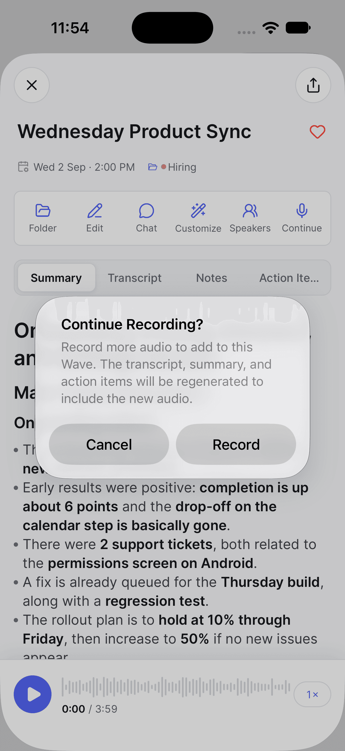 La confirmación de Continue Recording? con Cancel y Record