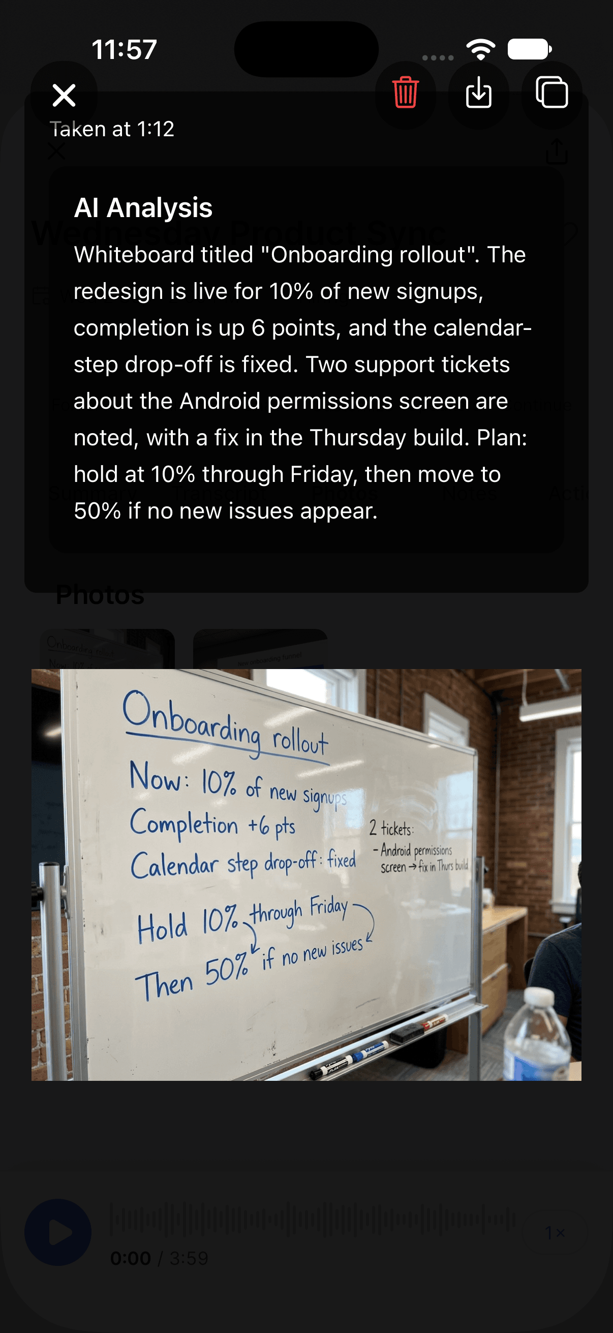 A whiteboard photo in full-size view with its AI Analysis above it
