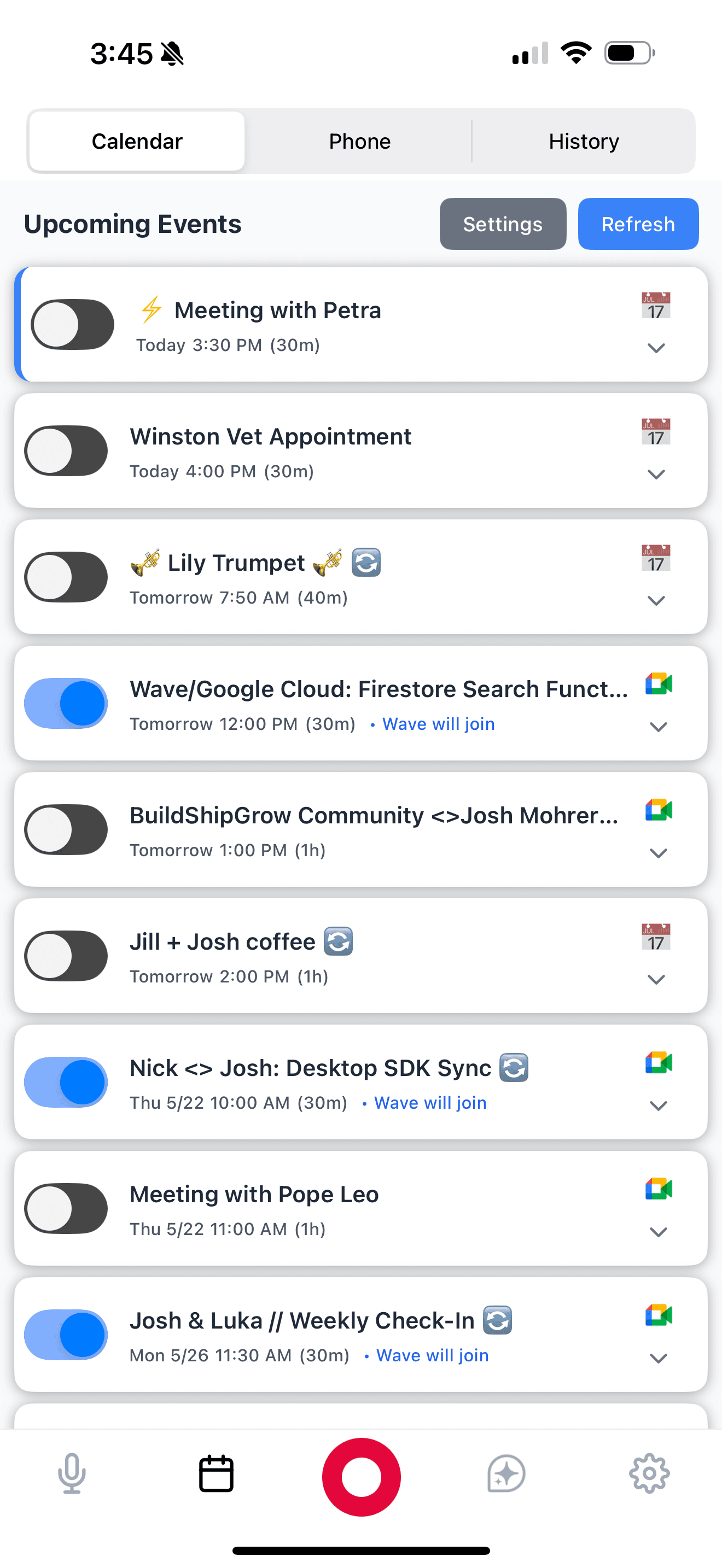 Upcoming calendar events with per-meeting recording toggles