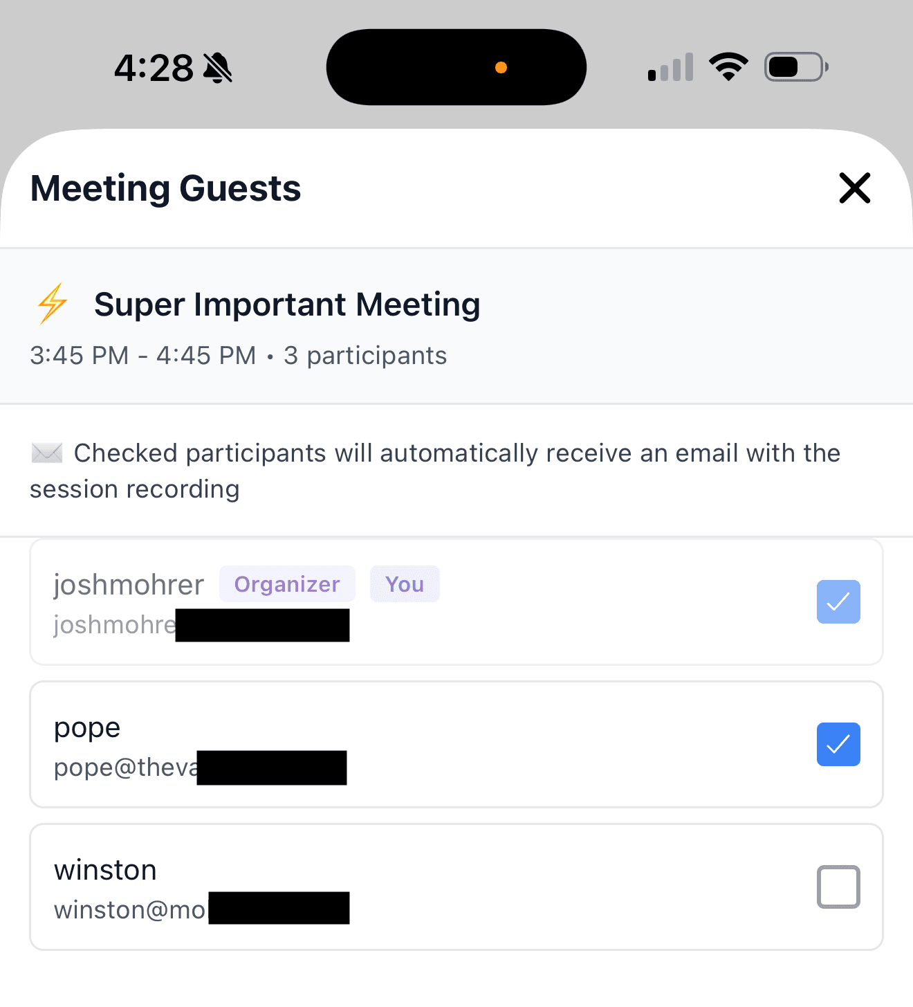 The Meeting Guests screen with the current event on top and each attendee checkable