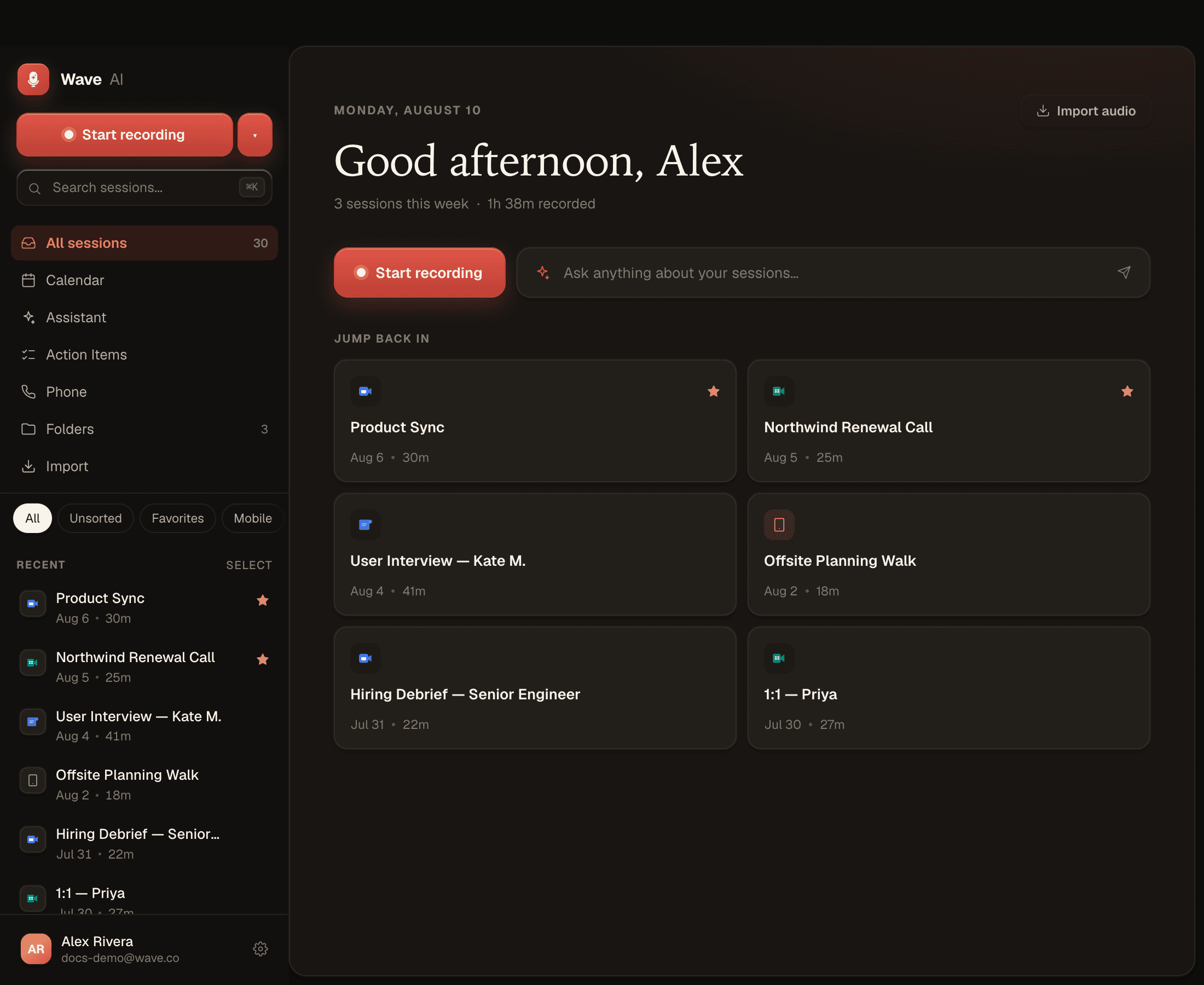 Wave Desktop home — sidebar library, weekly stats, and Jump back in cards