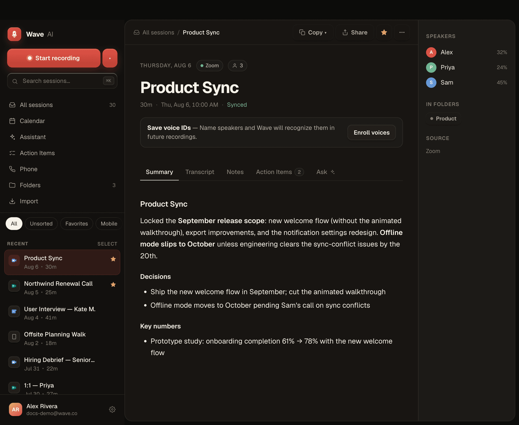 A session on Wave Desktop — summary, tabs, and the Speakers panel with talk-time percentages