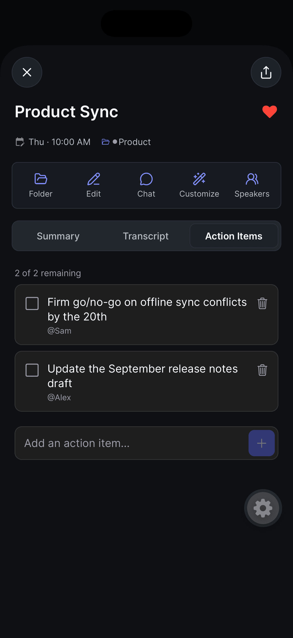 The Action Items tab on iPhone — remaining count, checkboxes, and assignees