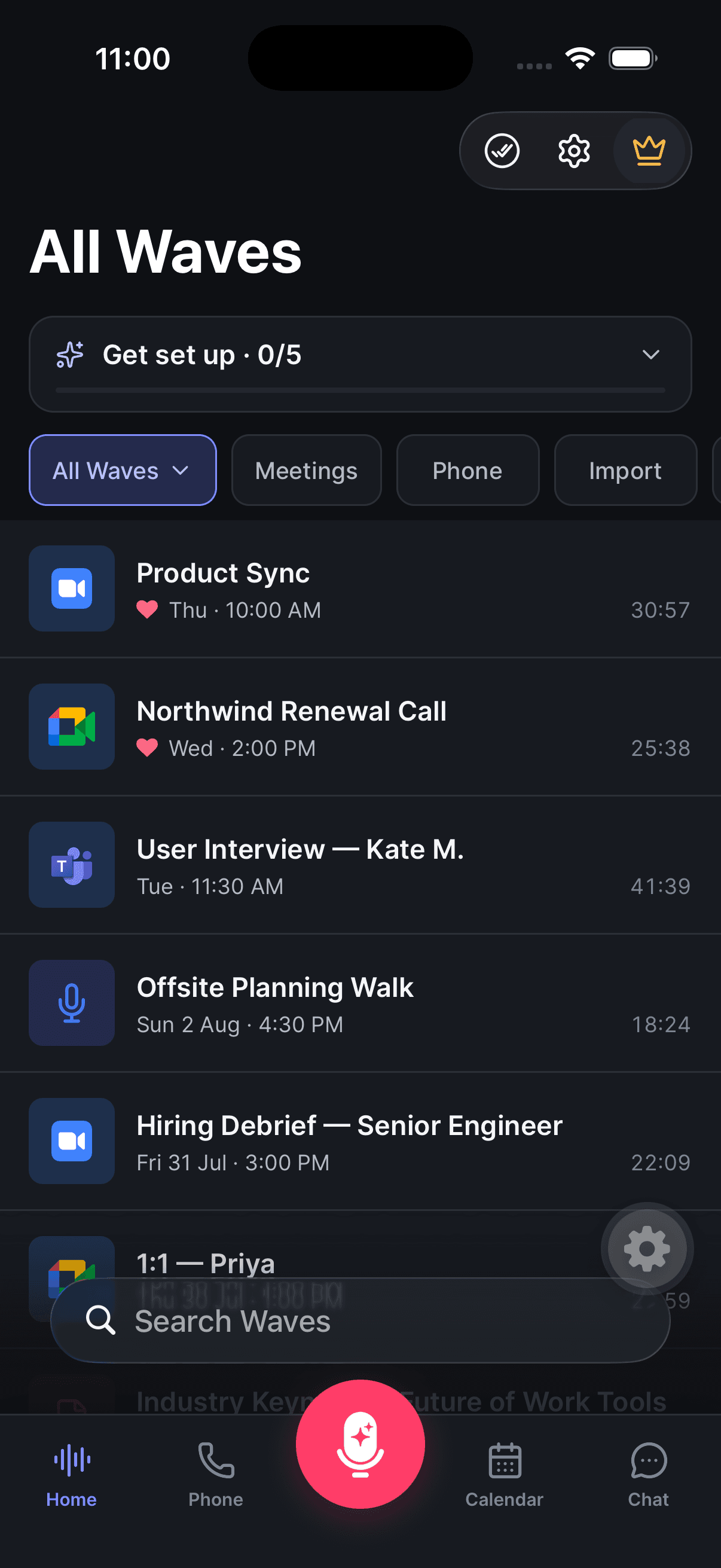 The Wave library on iPhone — type filters, favorites, and platform icons per session