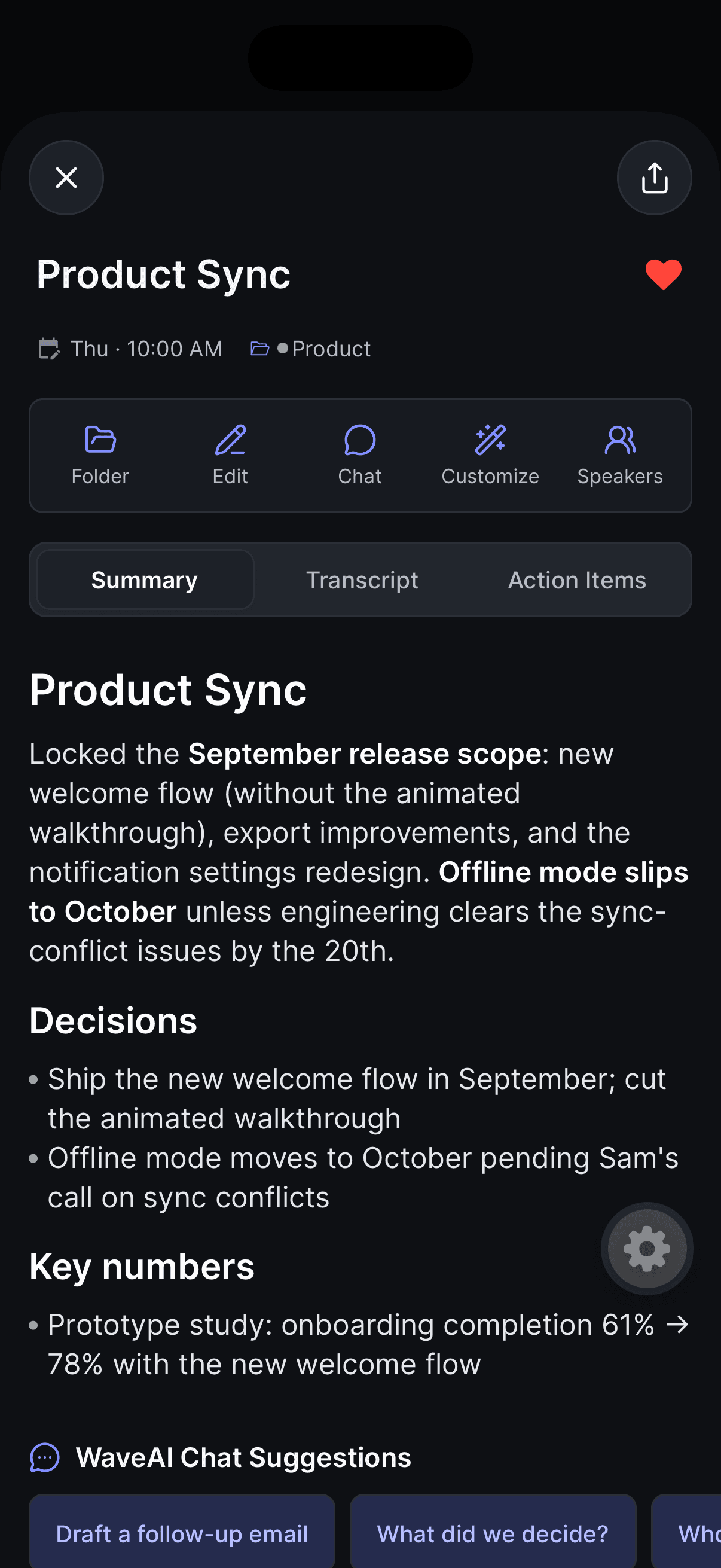 A finished Wave on iPhone — summary with decisions, key numbers, and chat suggestions
