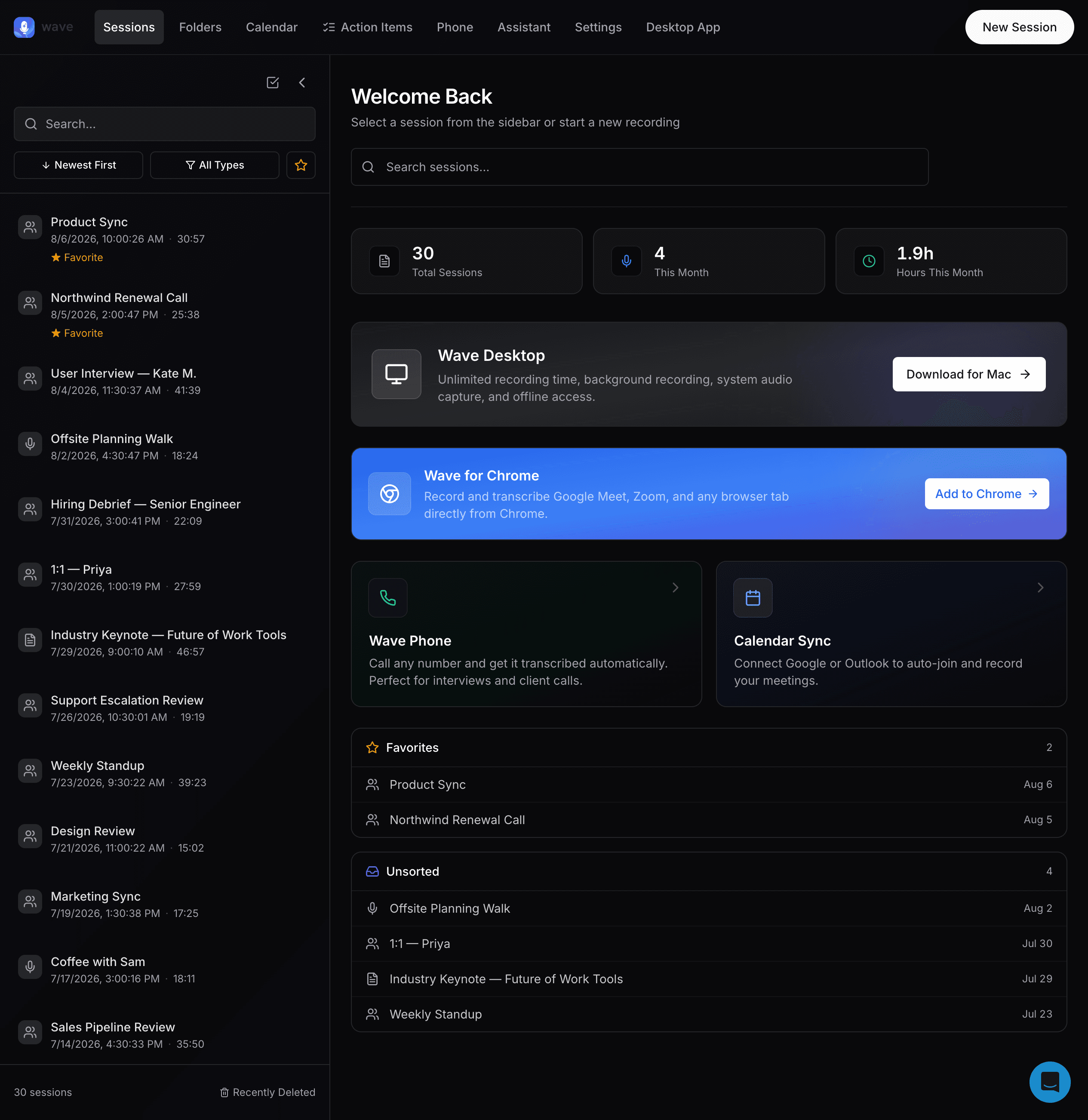 The Wave web app dashboard — session list in the left sidebar, usage stats, app cards, and Favorites