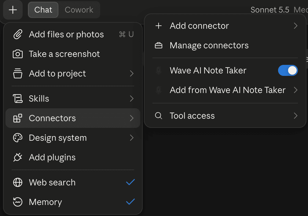 Claude's + menu, Connectors, with Wave AI Note Taker switched on