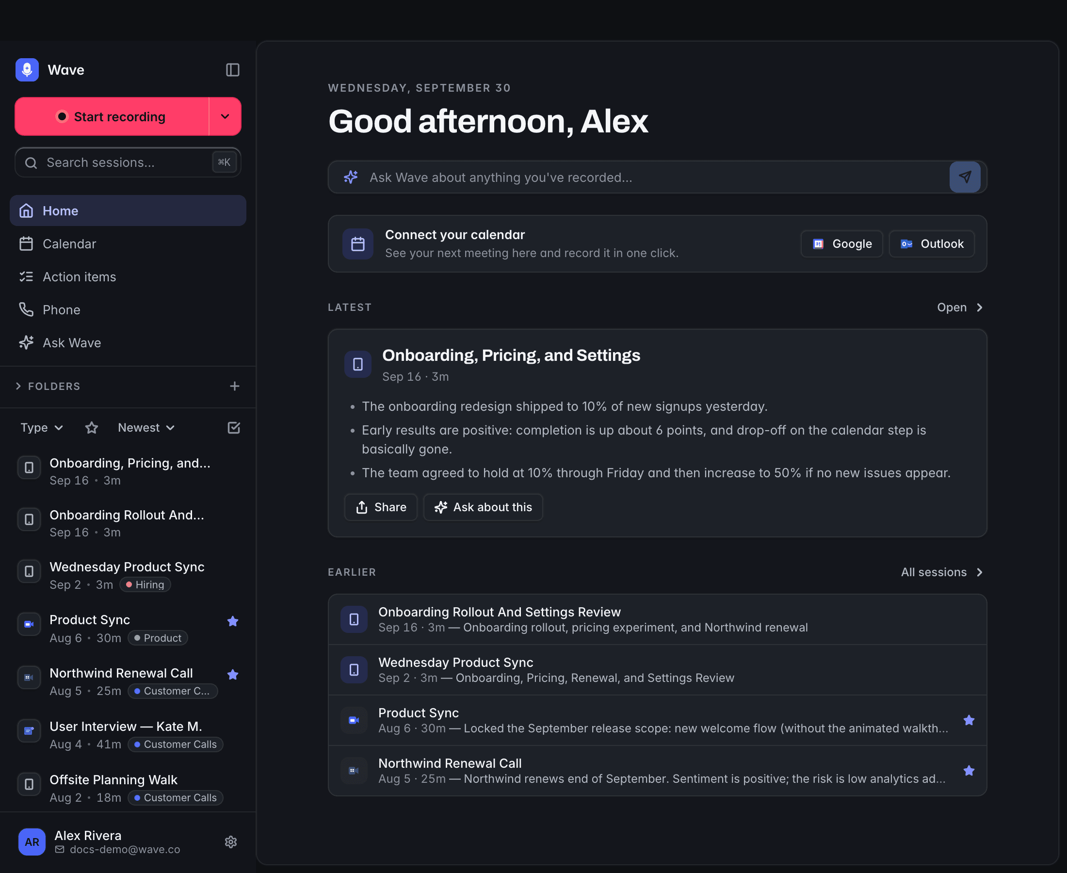 The Wave desktop app Home — Ask Wave box, calendar card, your latest session, and earlier sessions