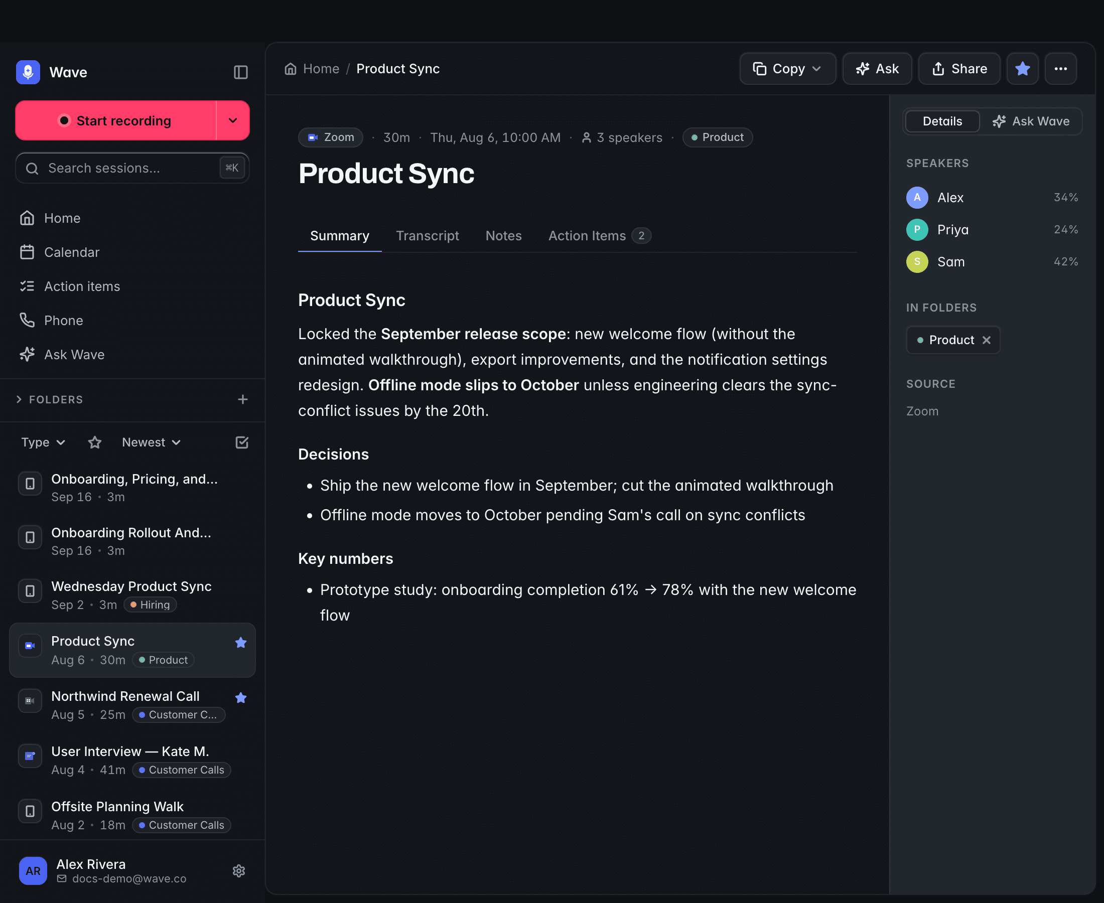 A session in the Wave desktop app — summary, tabs, and the Details panel with speakers and talk-time percentages