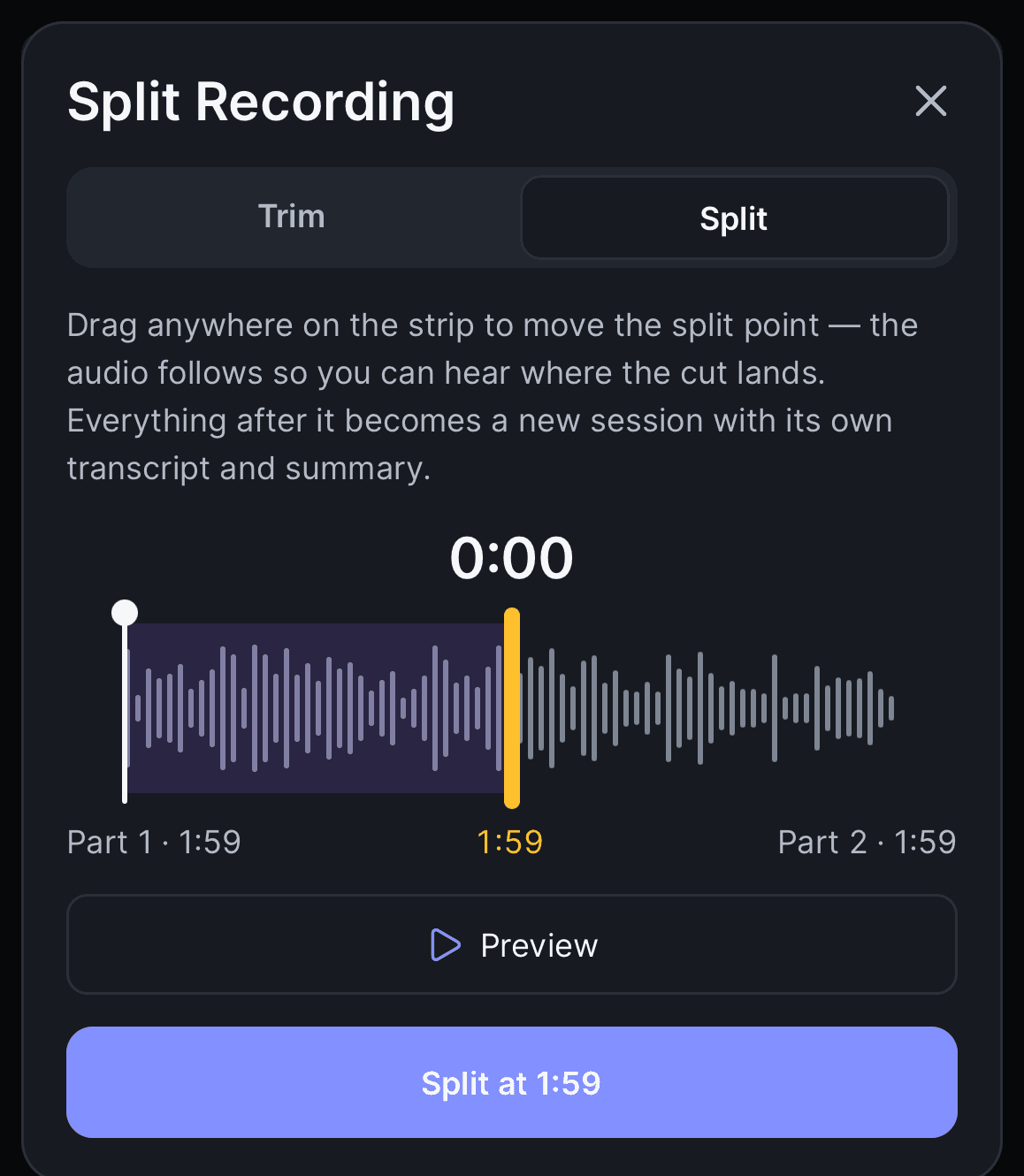 The editor on iPhone in Split mode: a single divider on the strip, Part 1 and Part 2 lengths underneath, and a Split at 1:59 button