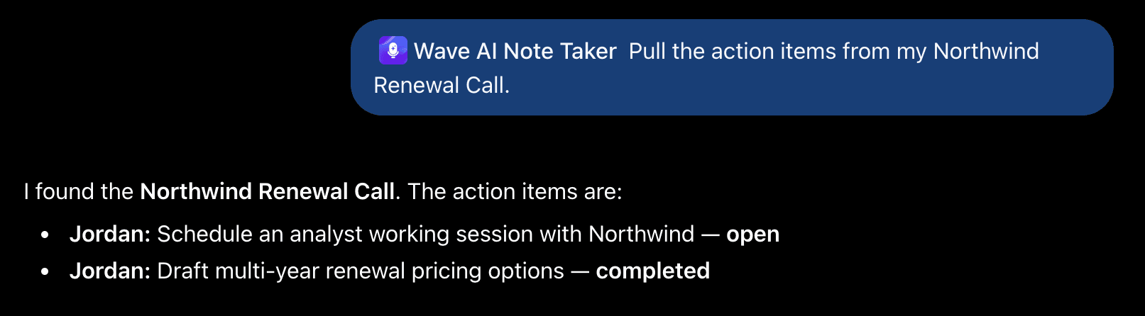 ChatGPT listing the action items from a Wave recording