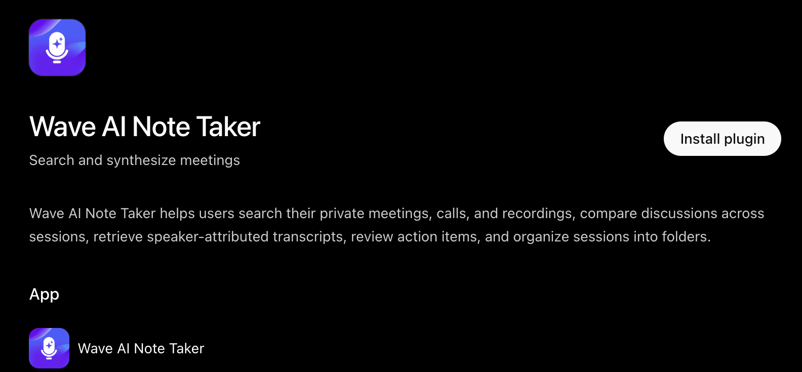 The Wave AI Note Taker listing in ChatGPT, with the Install plugin button