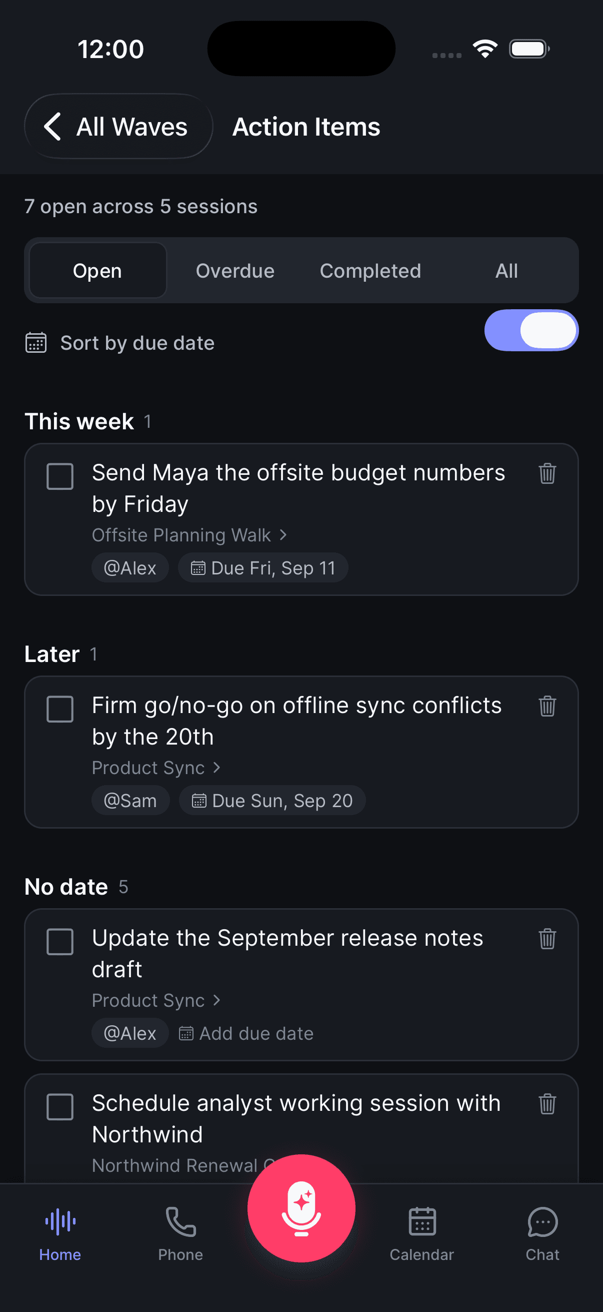 The Action Items screen on iPhone with Sort by due date on — This week, Later, and No date groups, each item showing its recording