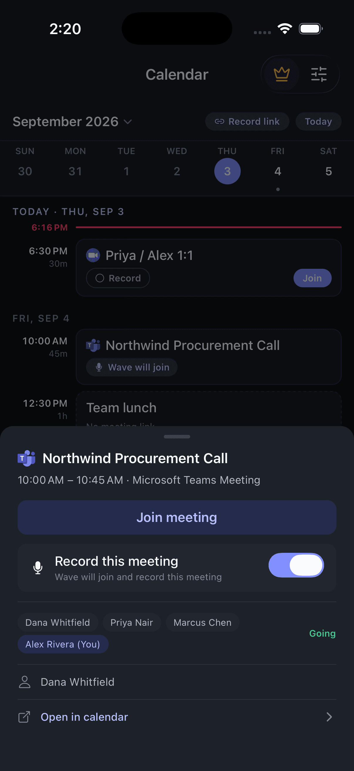 Die Detailansicht eines Termins auf dem iPhone mit aktiviertem Schalter Record this meeting