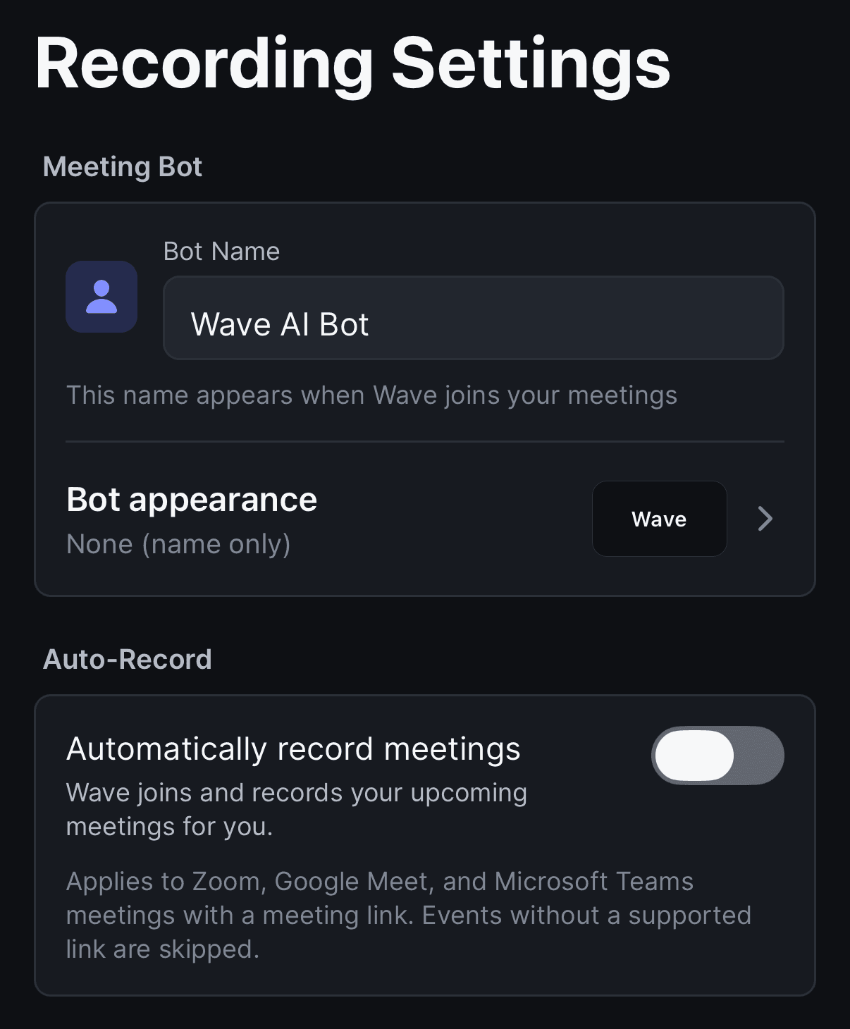 Recording Settings auf dem iPhone: Bot Name, Bot appearance und der Schalter Automatically record meetings