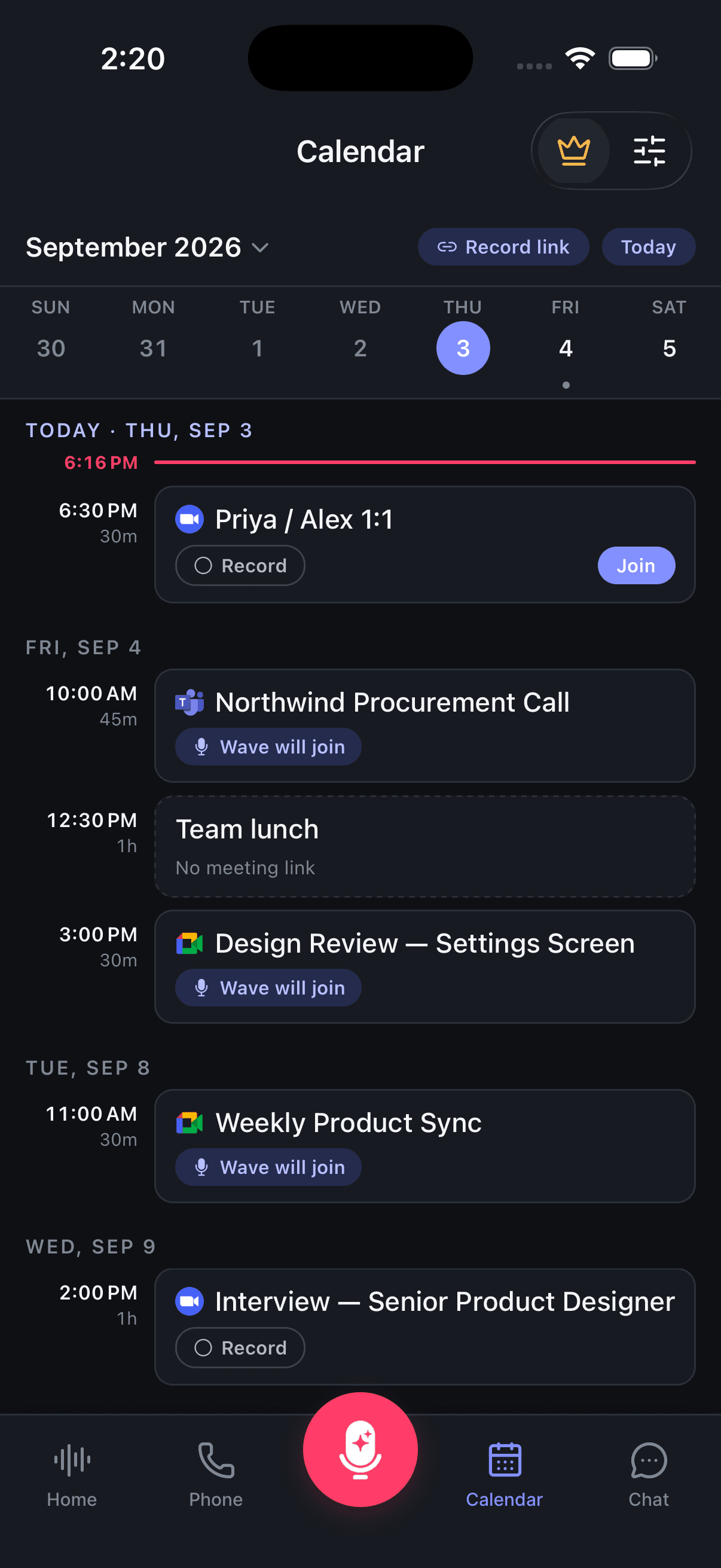 Der Calendar-Tab auf dem iPhone: eine Wochenübersicht und Agenda, in der jeder Termin ein Record- oder Wave will join-Chip trägt