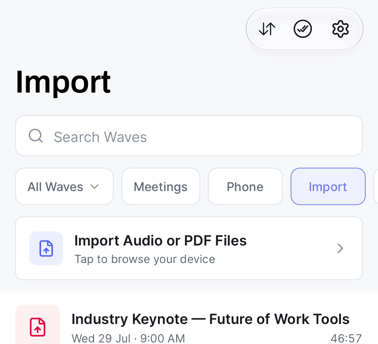El filtro Import en la pestaña Home con la tarjeta Import Audio or PDF Files
