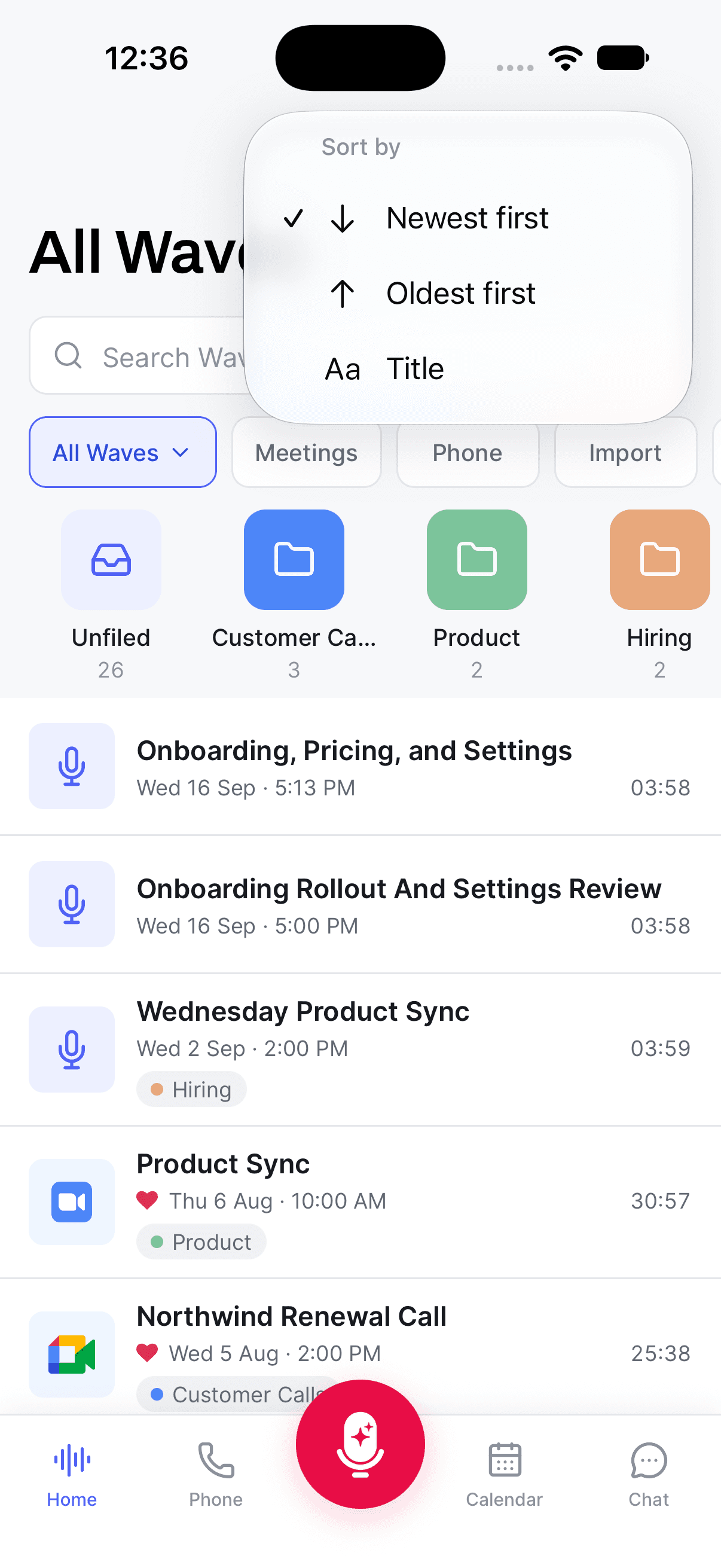 The Sort by menu open on iPhone — Newest first, Oldest first, and Title
