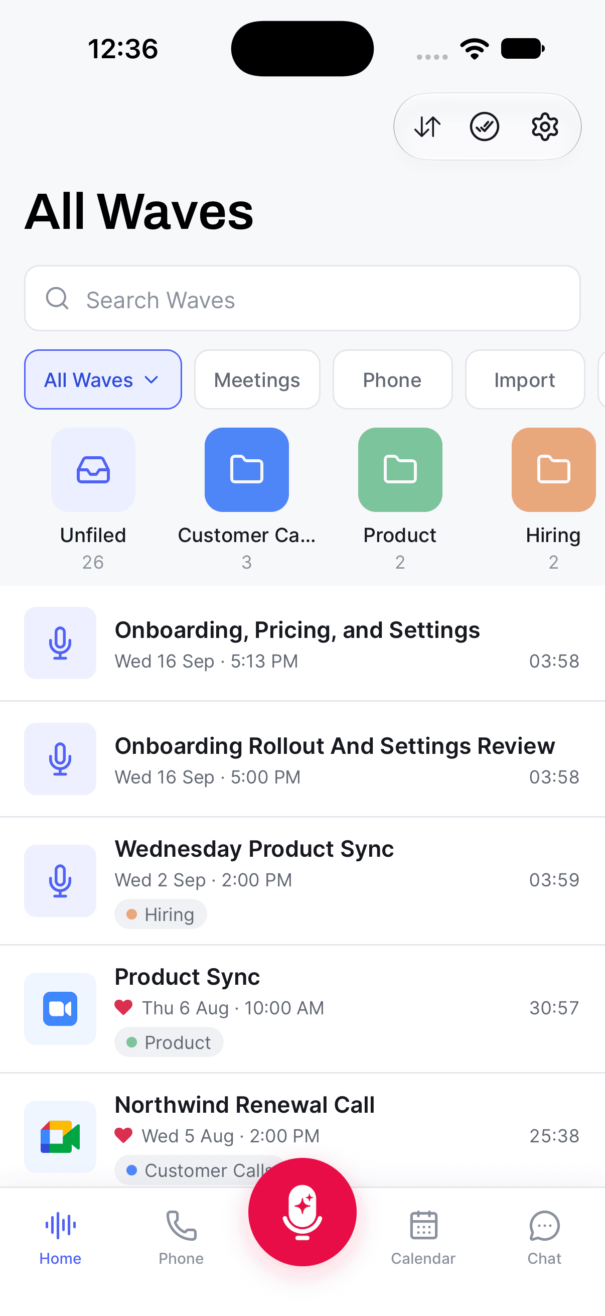 The Wave library on iPhone — the sort button, type filters, folders, and platform icons per session
