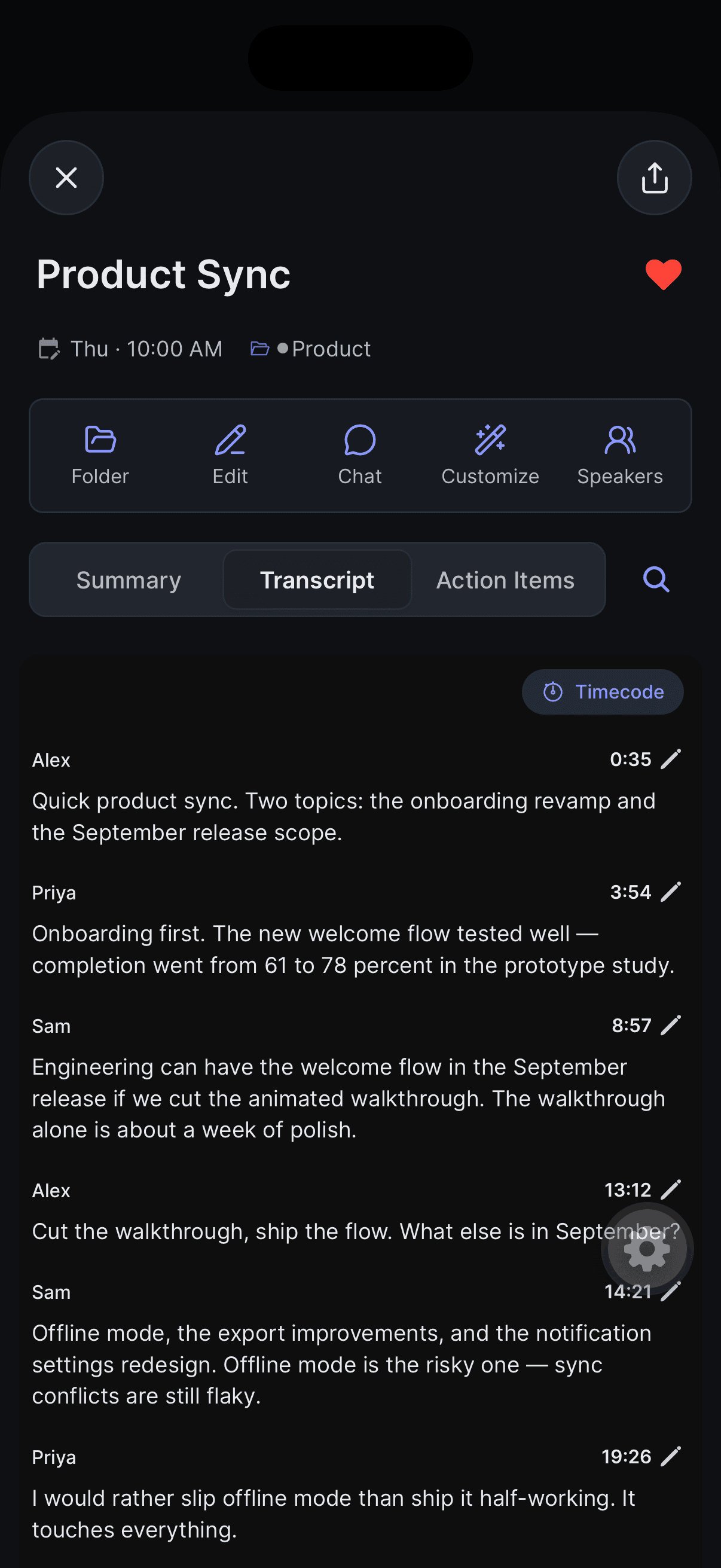 The Transcript tab on iPhone — speaker-labelled, time-stamped segments with edit pencils