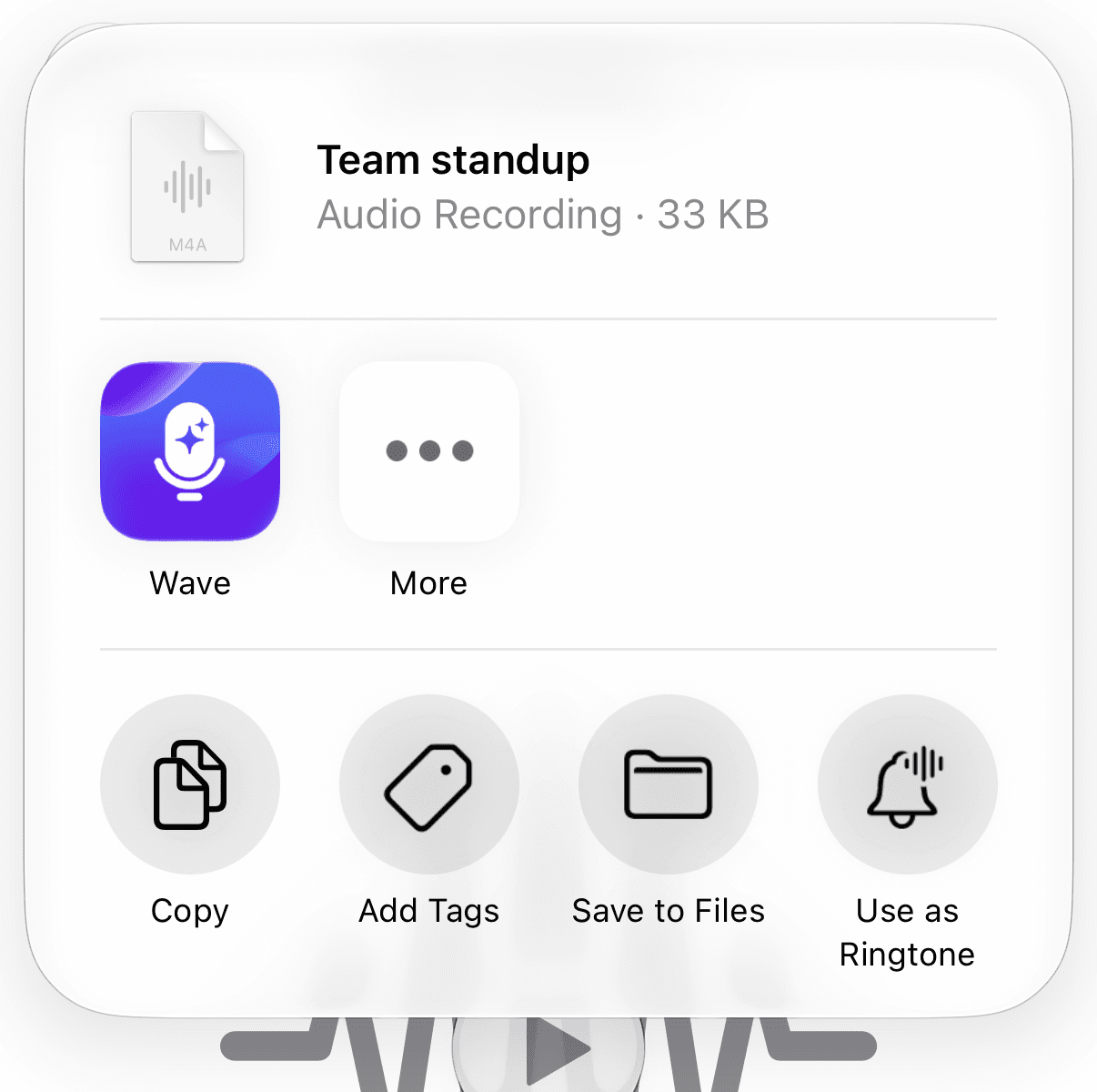 La hoja para compartir de iPhone para un archivo de audio, con Wave como la primera app