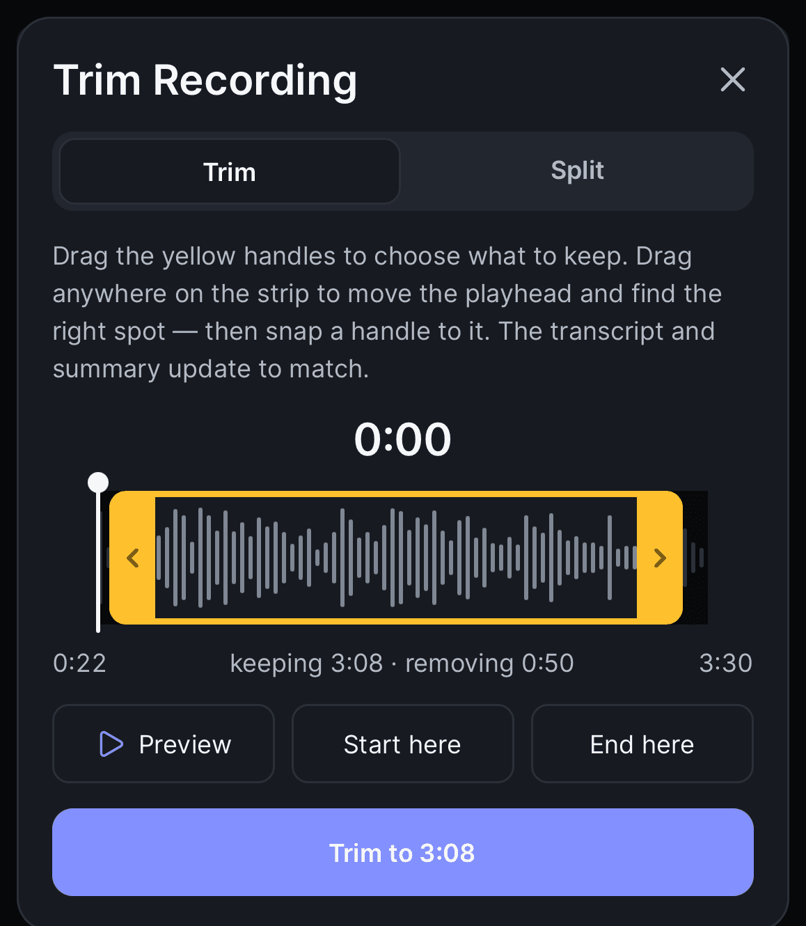 The trim editor on iPhone: Trim / Split toggle at the top, yellow handles around the part to keep, and a label reading keeping 3:08 · removing 0:50