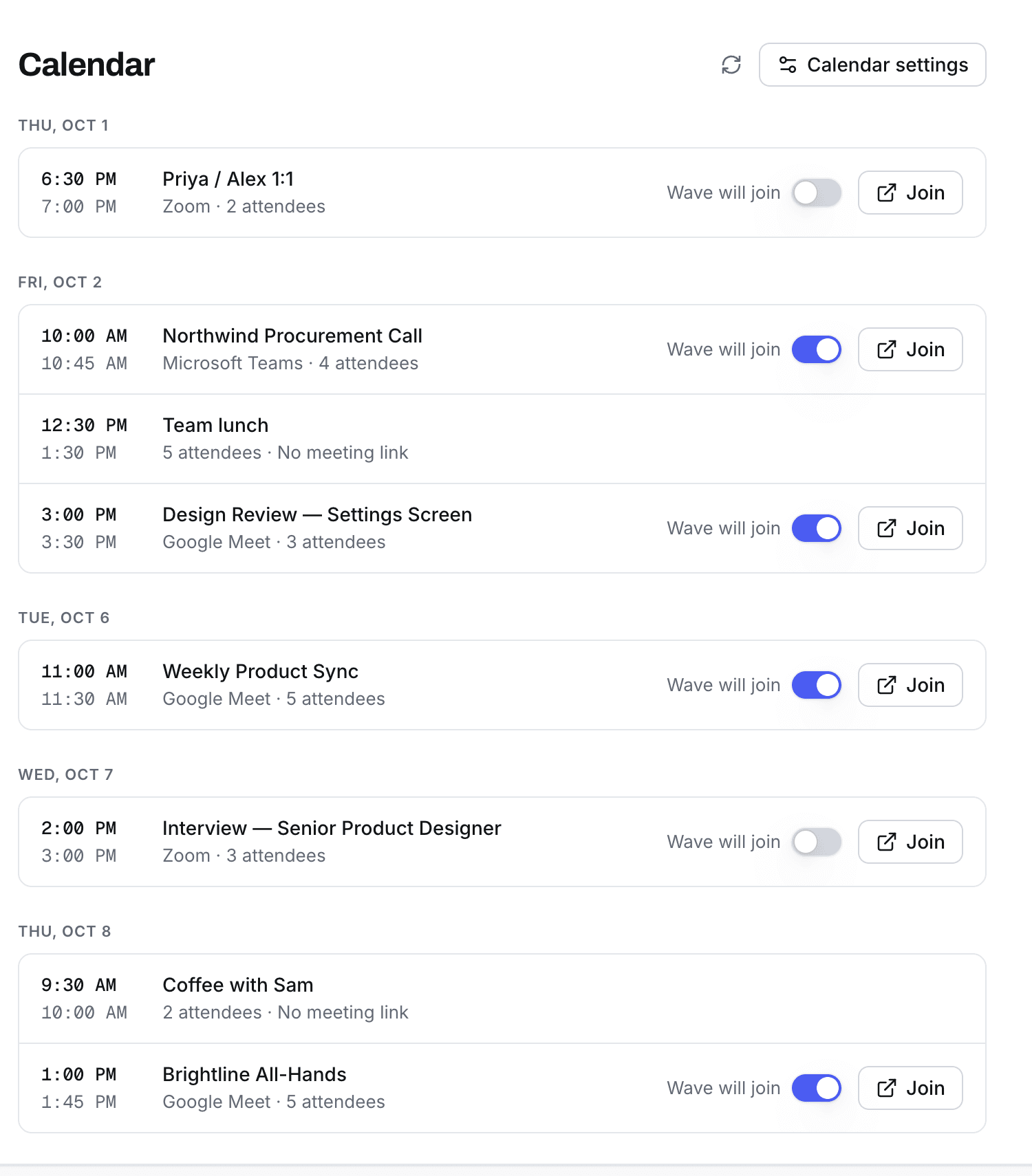 Die Calendar-Seite im Web – jeder anstehende Termin hat seinen eigenen Wave will join-Schalter