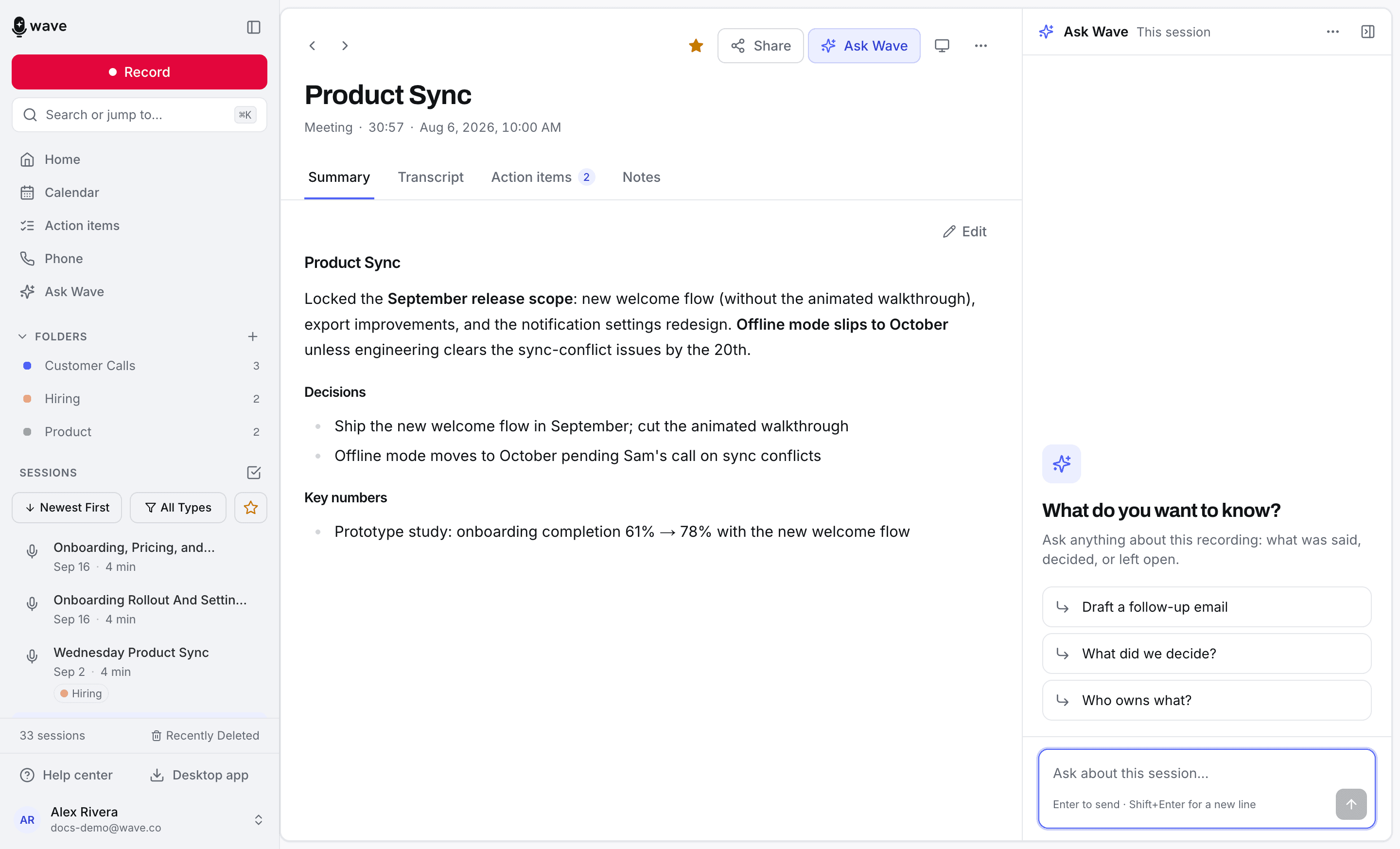 A finished session on the web — title, duration, and the Summary tab with decisions and key numbers