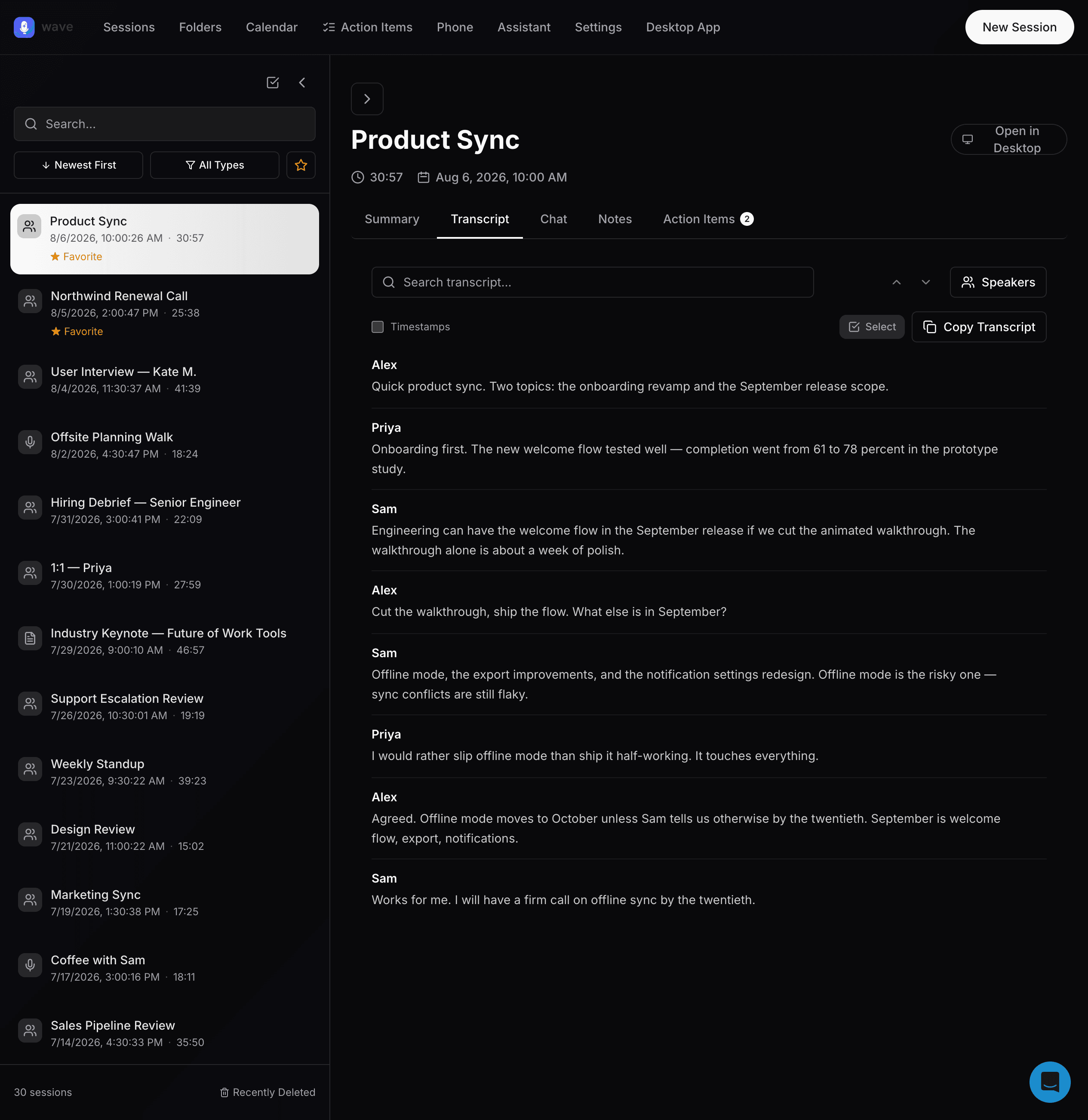 The Transcript tab on the web — speaker-labelled segments with transcript search and Copy Transcript